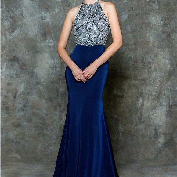 High-Neck Navy Blue Prom Dress (worn once) - Picture 2 of 6